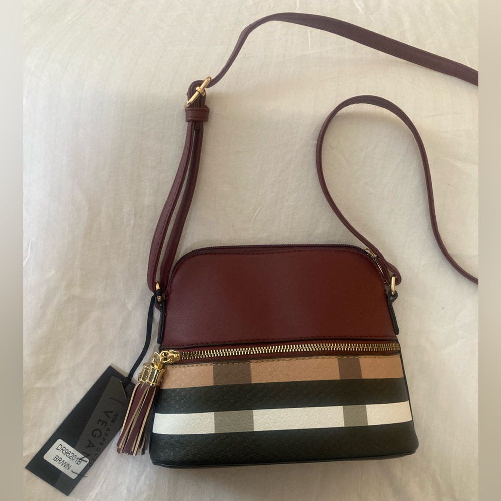 Burgundy and Multicolor Plaid Vegan Leather Crossbody Bag - Picture 11 of 16